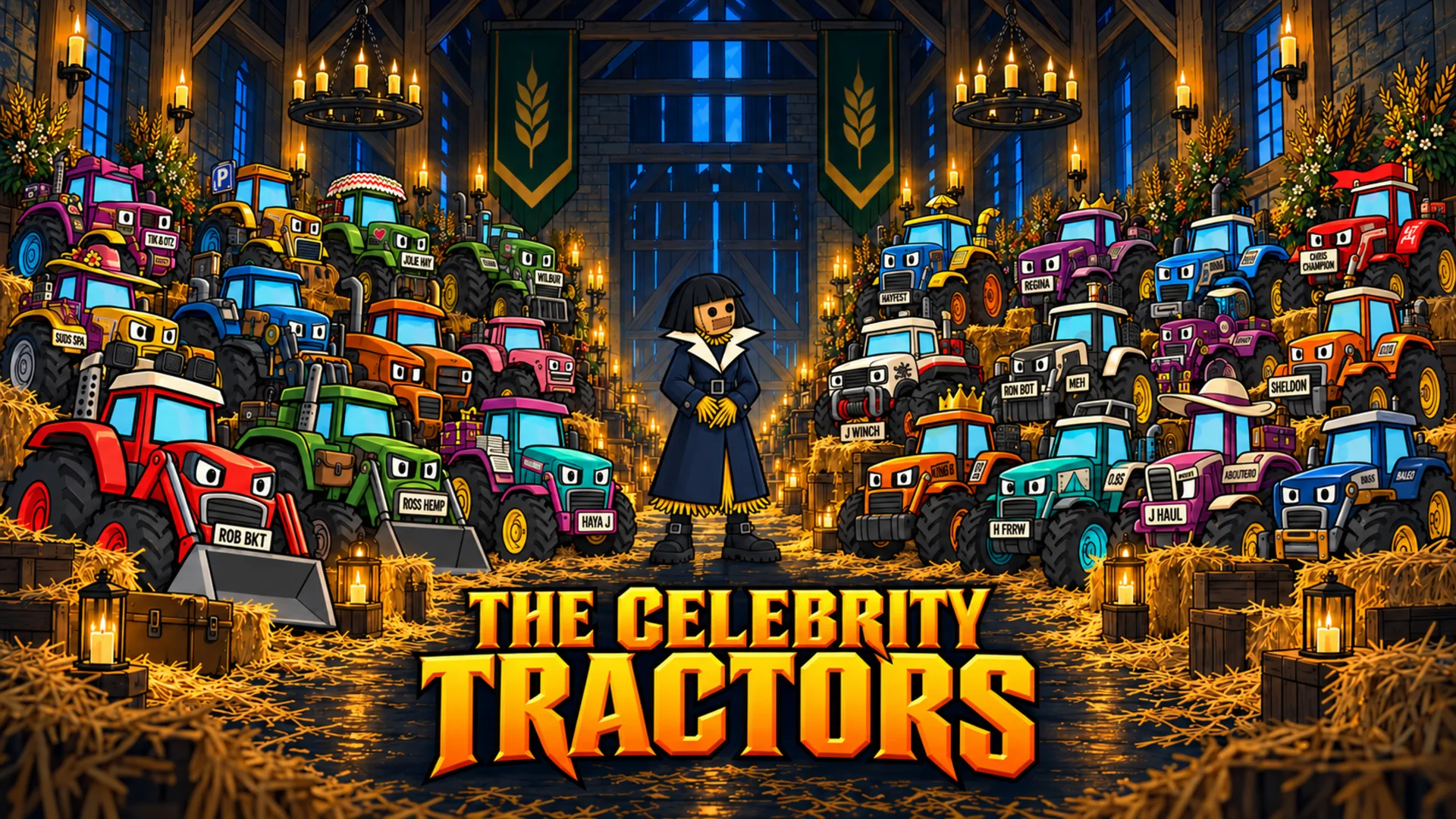 The Celebrity Tractors: the whole cast in the barn